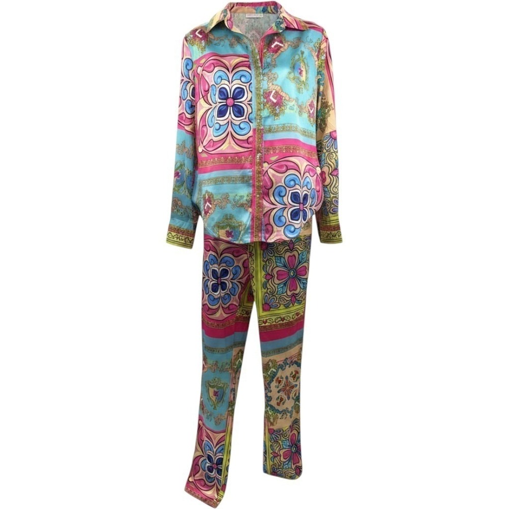 BanJul Women Multi-Color Baroque Floral Print 2-Piece Satin Lounge Set Size S - Picture 1 of 16